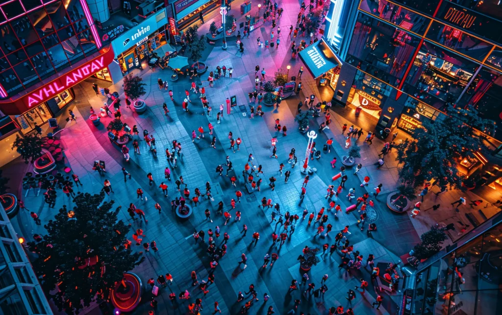 Actividad masiva en espacio urbano iluminado
