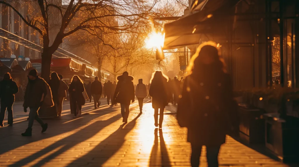 Actividad urbana con personas al atardecer