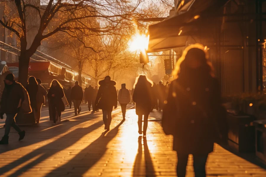 Actividad urbana con personas al atardecer