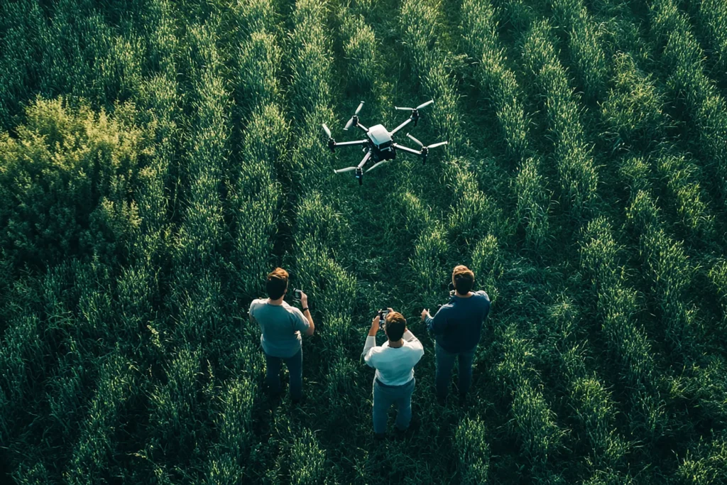 Operación de dron sobre plantación agrícola