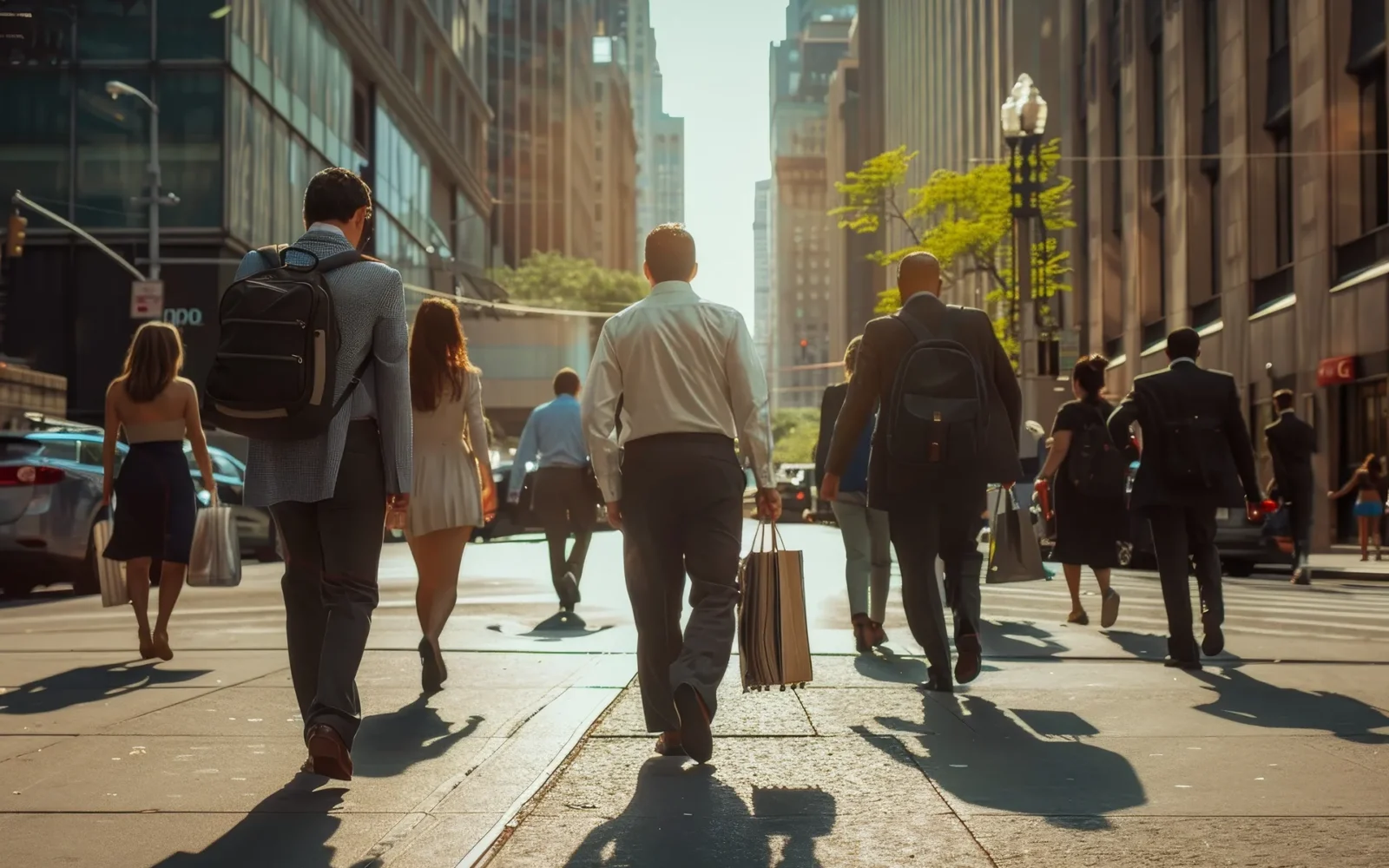 Personas caminando en entorno urbano corporativo
