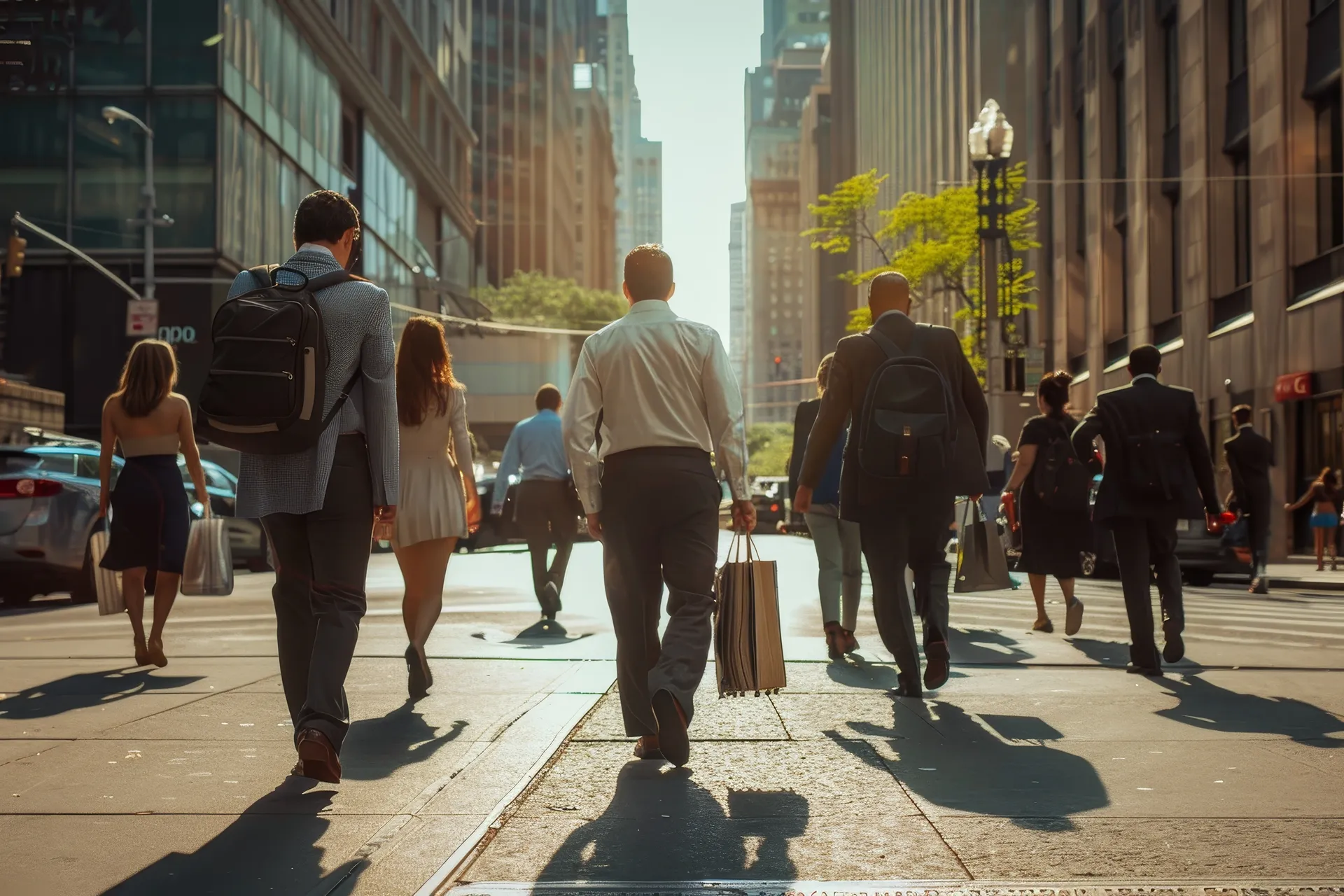 Personas caminando en entorno urbano corporativo