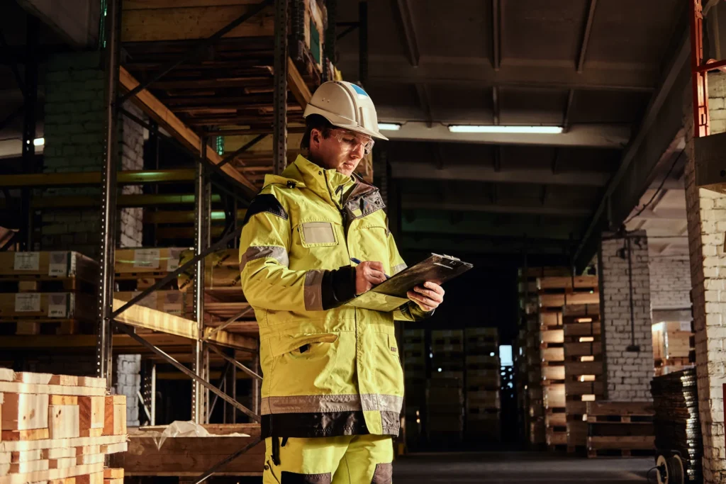 Trabajador de bodega utilizando tecnología móvil
